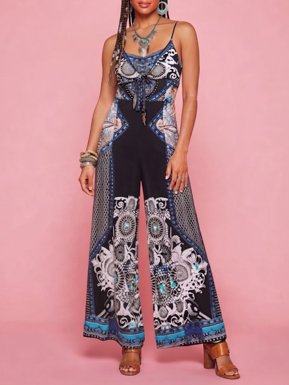 Black Printed Maxi Jumpsuit with Blue & White Accents